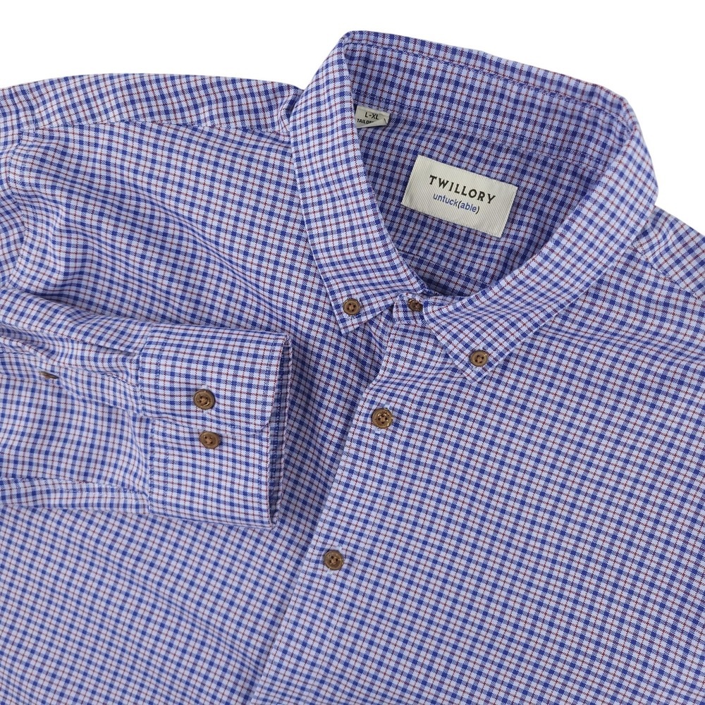 Twillory Shirt Mens L/XL Blue Check Long Sleeve Button Down Stretch Casual